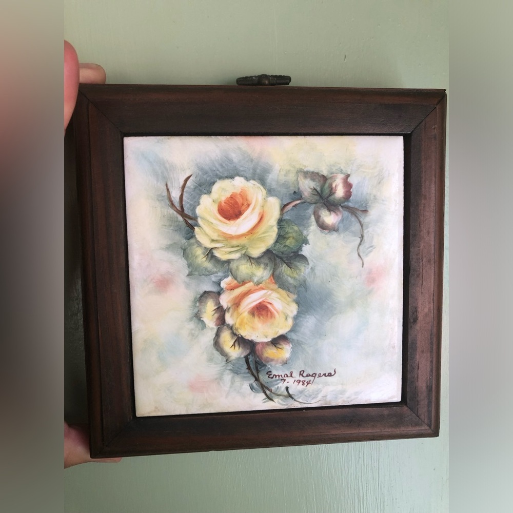 Still Life Roses Floral Painting On Tile 4.25” Framed Signed 1984 Yellow Flowers